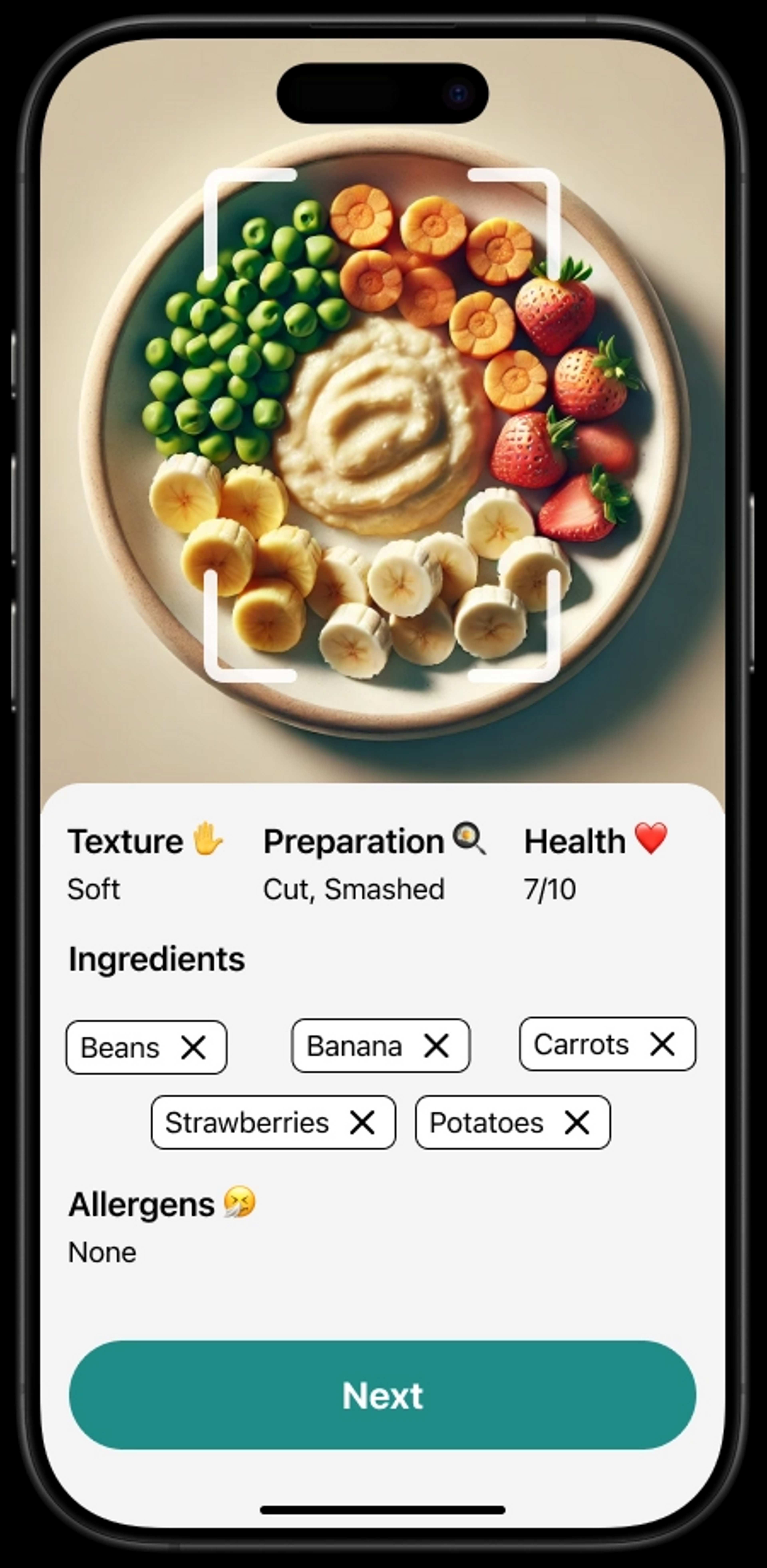 BabyBites App Mockup showing a meal analysis, ingredient breakdown, and personalized recommendations